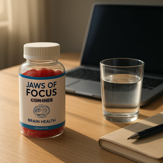 A photorealistic scene showing a desk with a bottle of Jaws of Focus Gummies, a glass of water, a laptop, and a notebook, morning light, and a calm, focused mood. Alt: Brain health supplements on desk with gummies and water.