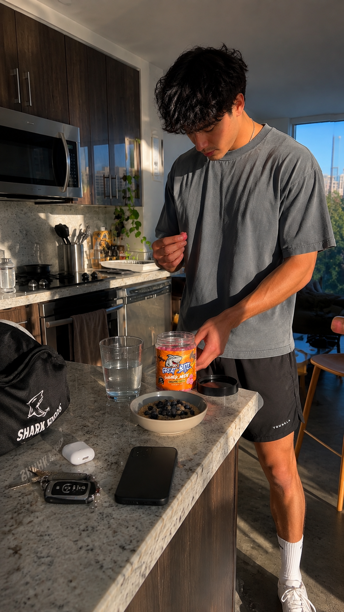 Alex holding Great Bites shark mode Creatine
