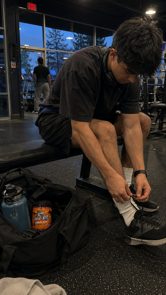 A man in a gym sitting on a bench, tying the laces of his black athletic shoe. An open black duffel bag with a blue water bottle and an orange can lies on the floor beside him.