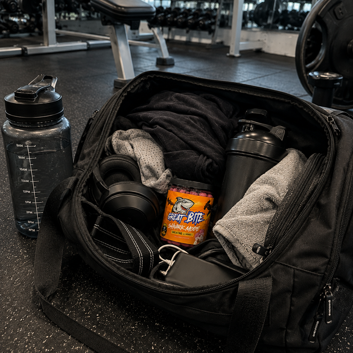 An open black gym duffel bag on a gym floor, filled with workout gear including a black shaker bottle, gray towel, headphones, and a can of Fruit Bite athletic snack. A clear water bottle sits to the left, with gym equipment blurred in the background.