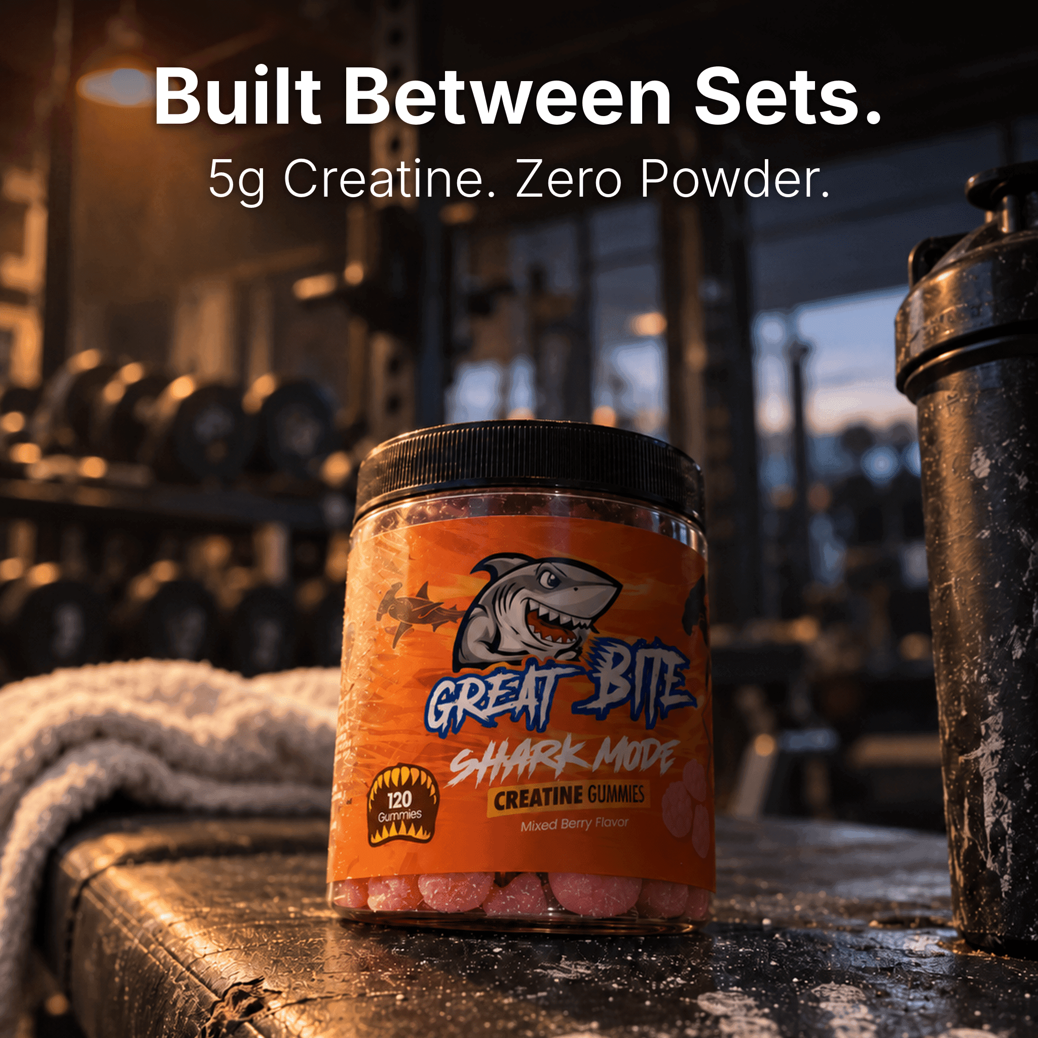 Shark Mode Creatine bottle in a gym setting