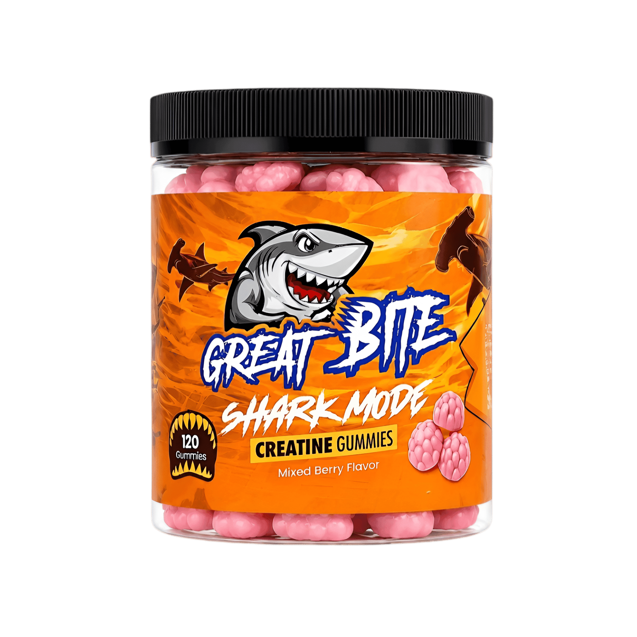 Shark Mode Creatine gummies in the mixed berry bottle